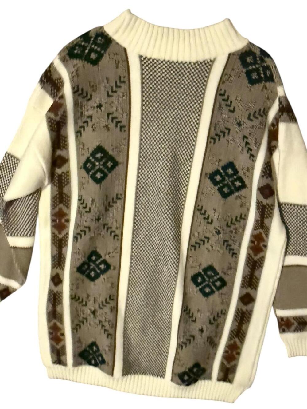 Clifton Place Vintage Geometric Knit Sweater Made in USA Beige Brown Green Large